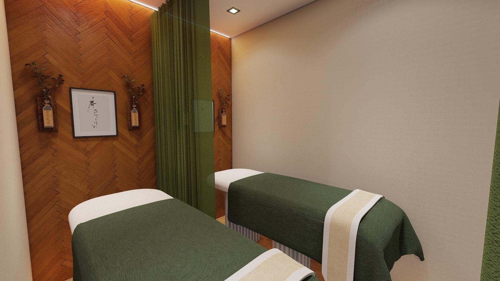 Private treatment room with green linens and warm wood walls